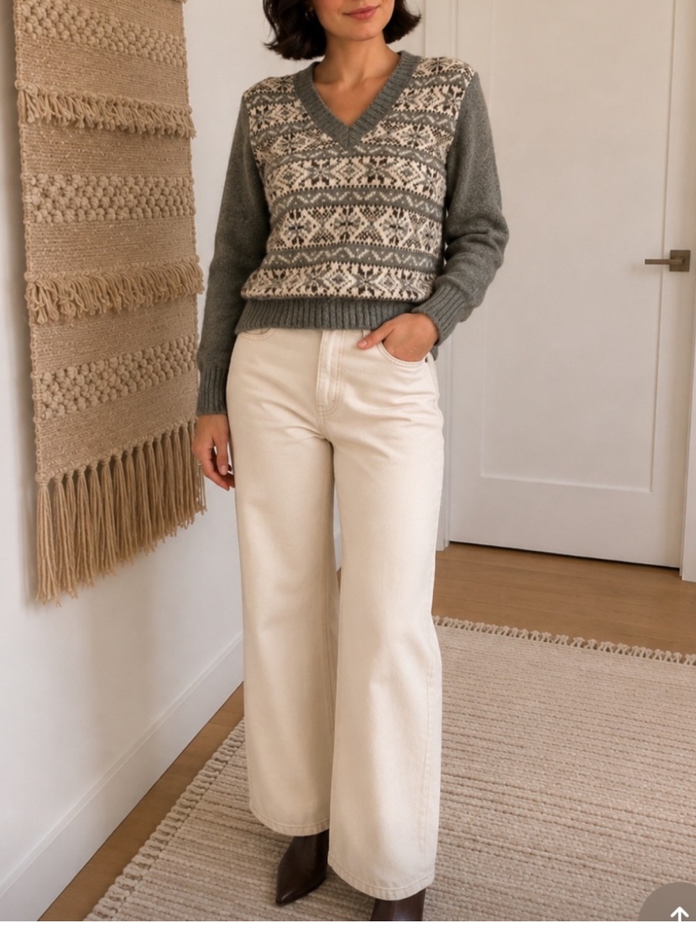 Vintage 100% Wool Green Brown Cream Fair Isles V-Neck Sweater Size XS